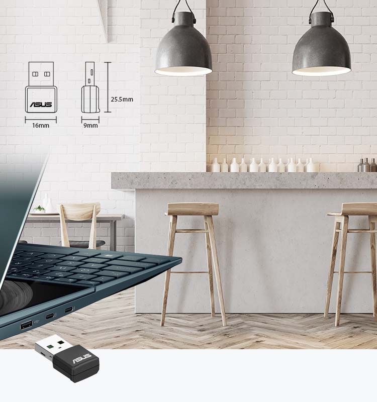 USB-AX55 Nano V2 can be plugged easily into laptops or PCs with a USB port to give it full WiFi 6 speed capabilities.